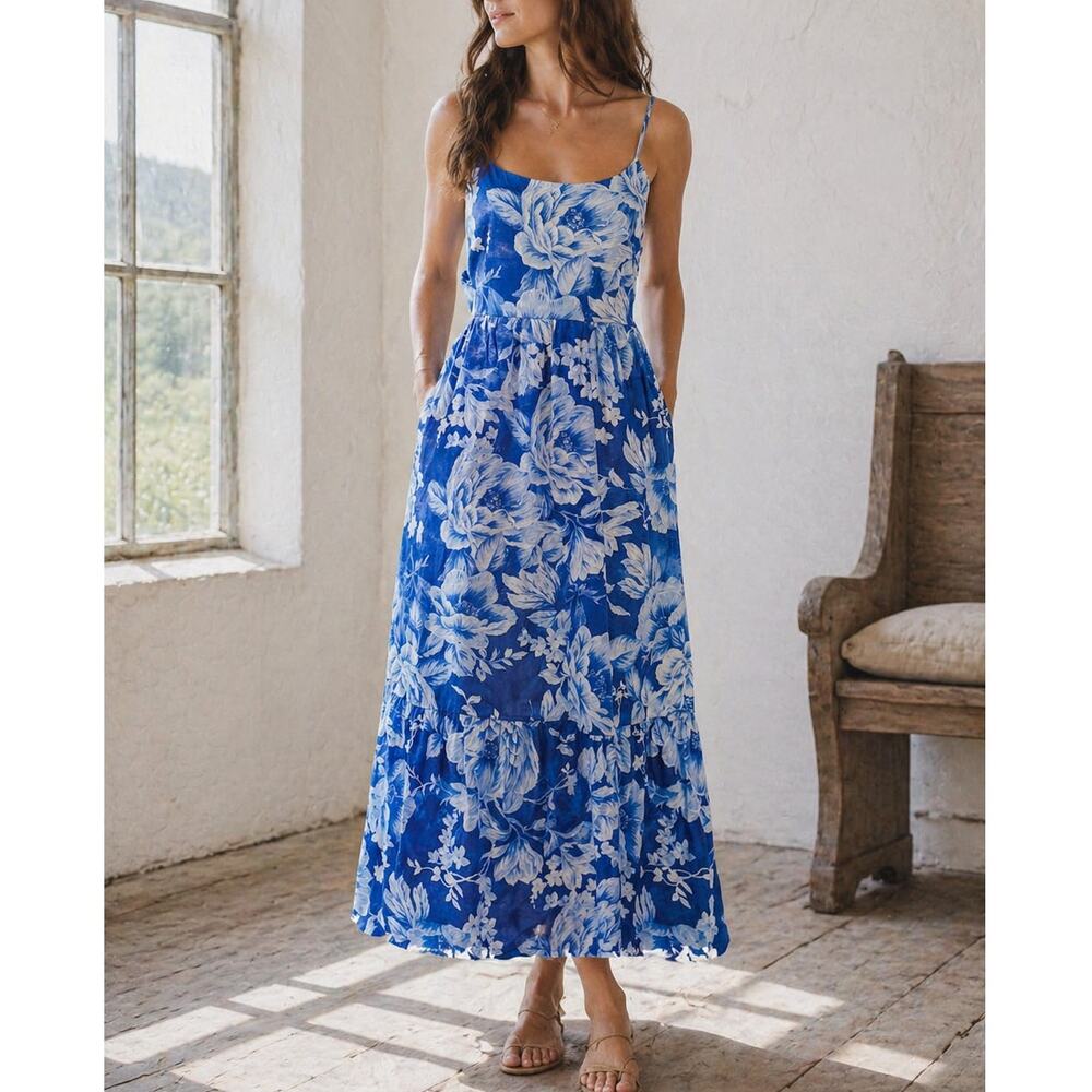 Joie Tiered Cotton Floral Maxi Dress Sundress Blue Euro Summer Coastal sz 10 NWT